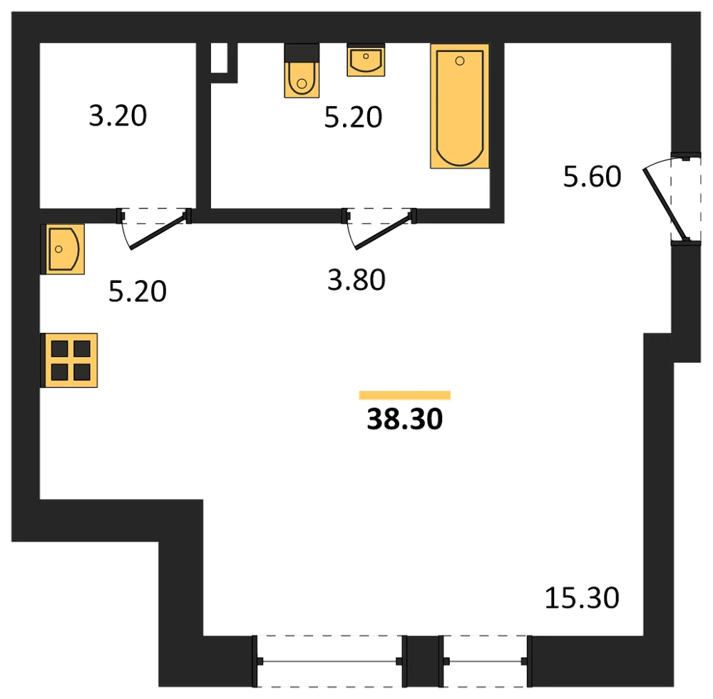 Планировка: 1-комн., 38,3 м²
