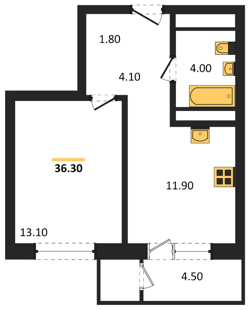 Планировка: 1-комн., 36,3 м²