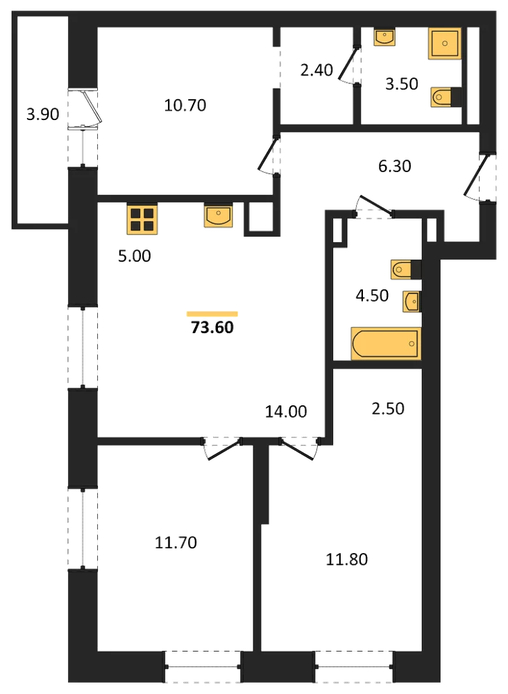 Планировка: 3-комн., 73,5 м²