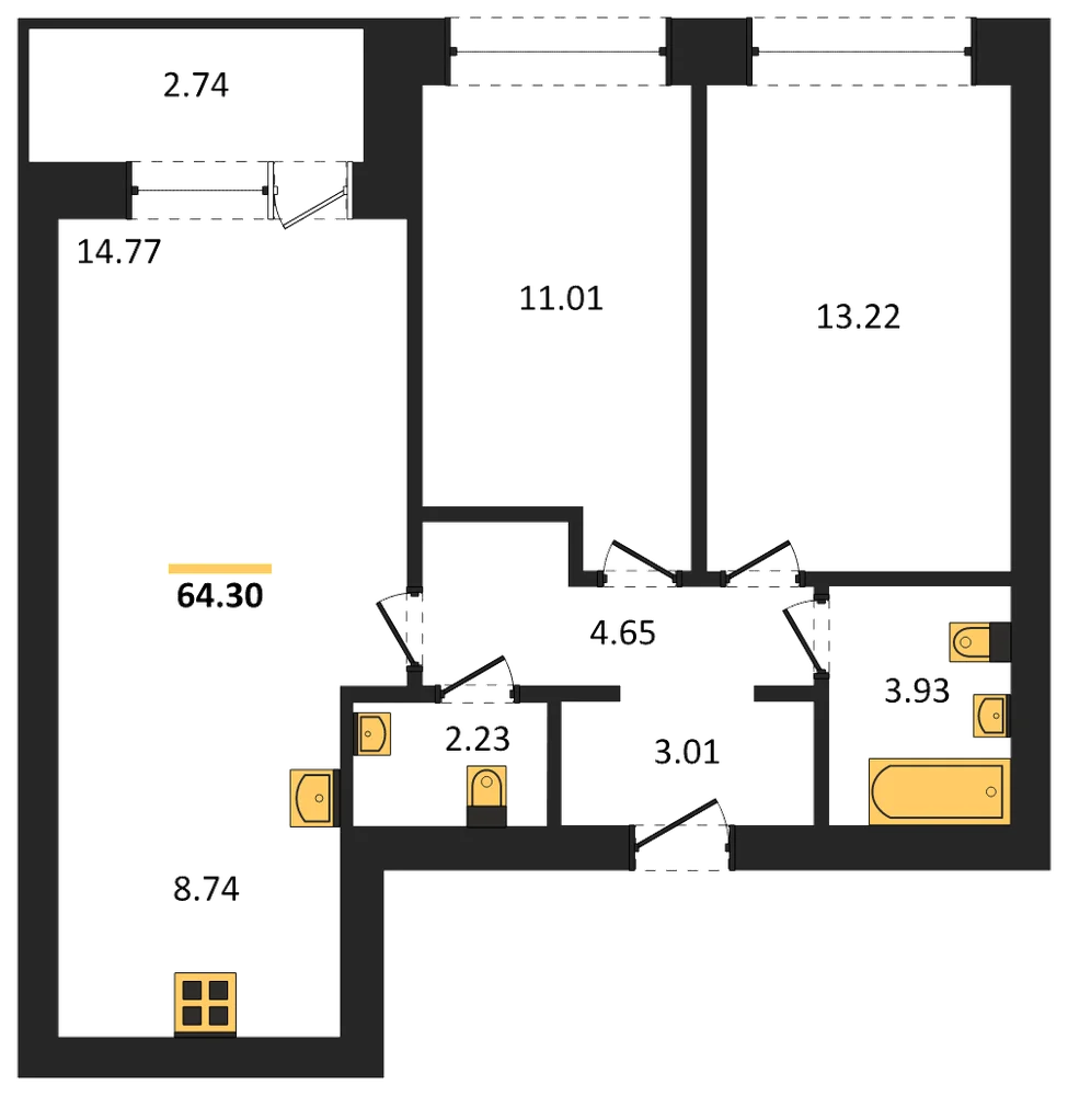 Планировка: 2-комн., 64,3 м²