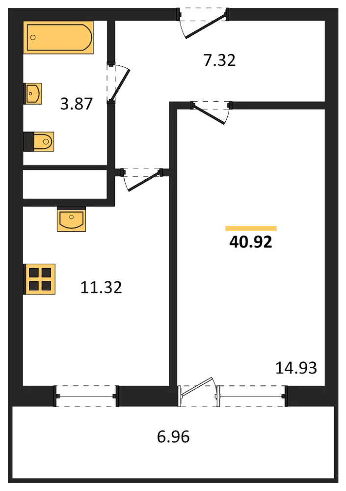 Планировка: 1-комн., 40,9 м²