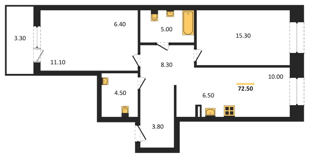 Планировка: 3-комн., 72,5 м²