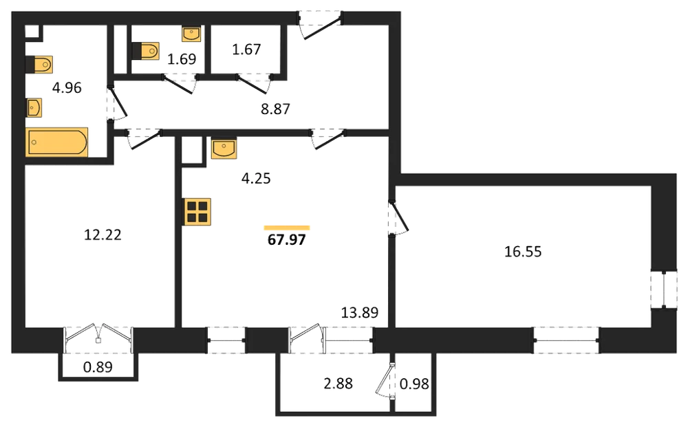 Планировка: 2-комн., 68 м²