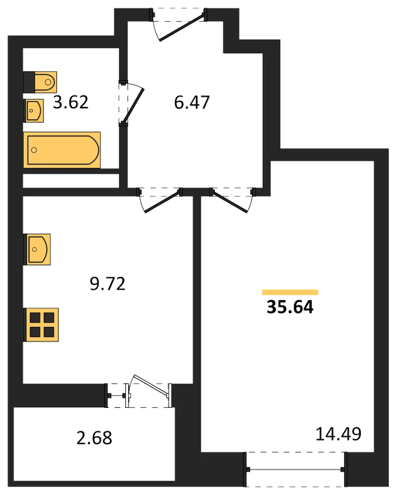 Планировка: 1-комн., 35,6 м²