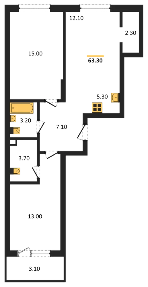 Планировка: 2-комн., 63,3 м²