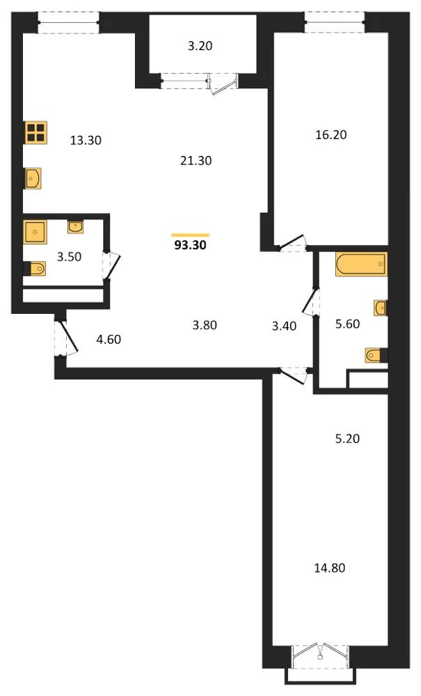 Планировка: 3-комн., 93,3 м²
