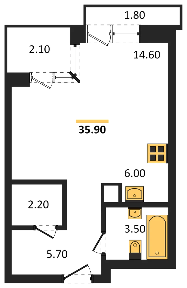 Планировка: Студия, 35,9 м²