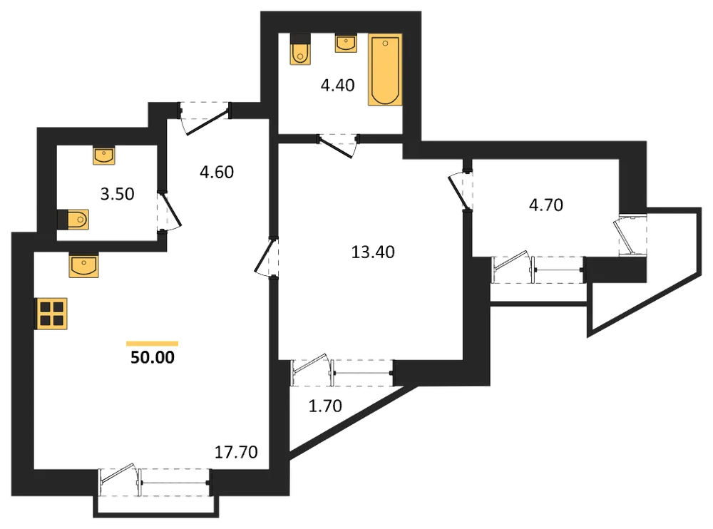 Планировка: 1-комн., 50 м²