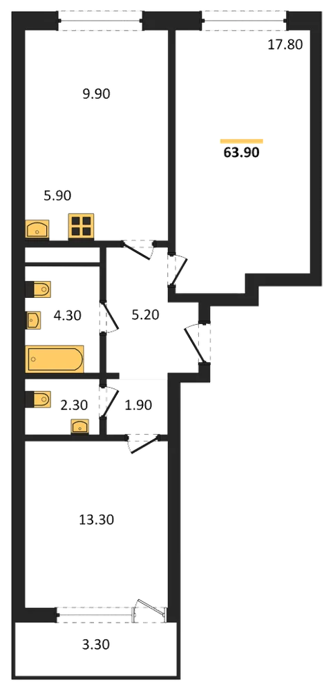Планировка: 2-комн., 63,9 м²