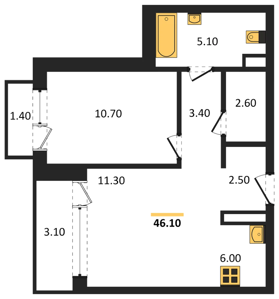 Планировка: 1-комн., 46,1 м²