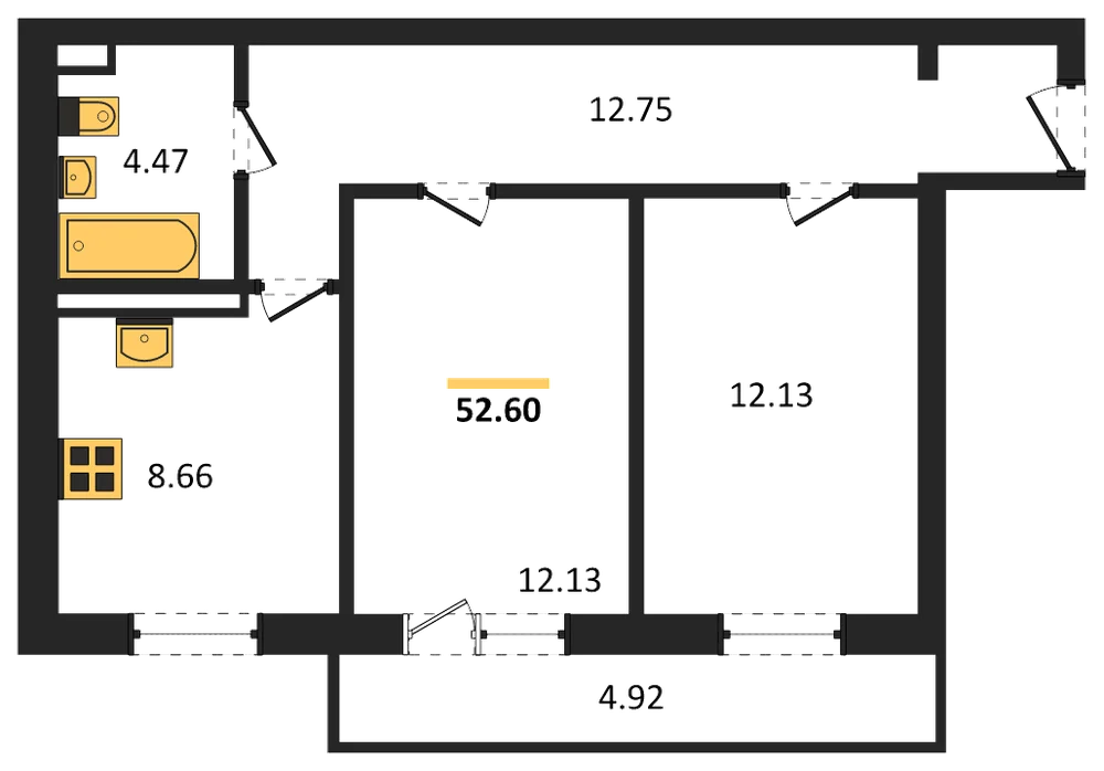 Планировка: 2-комн., 52,6 м²