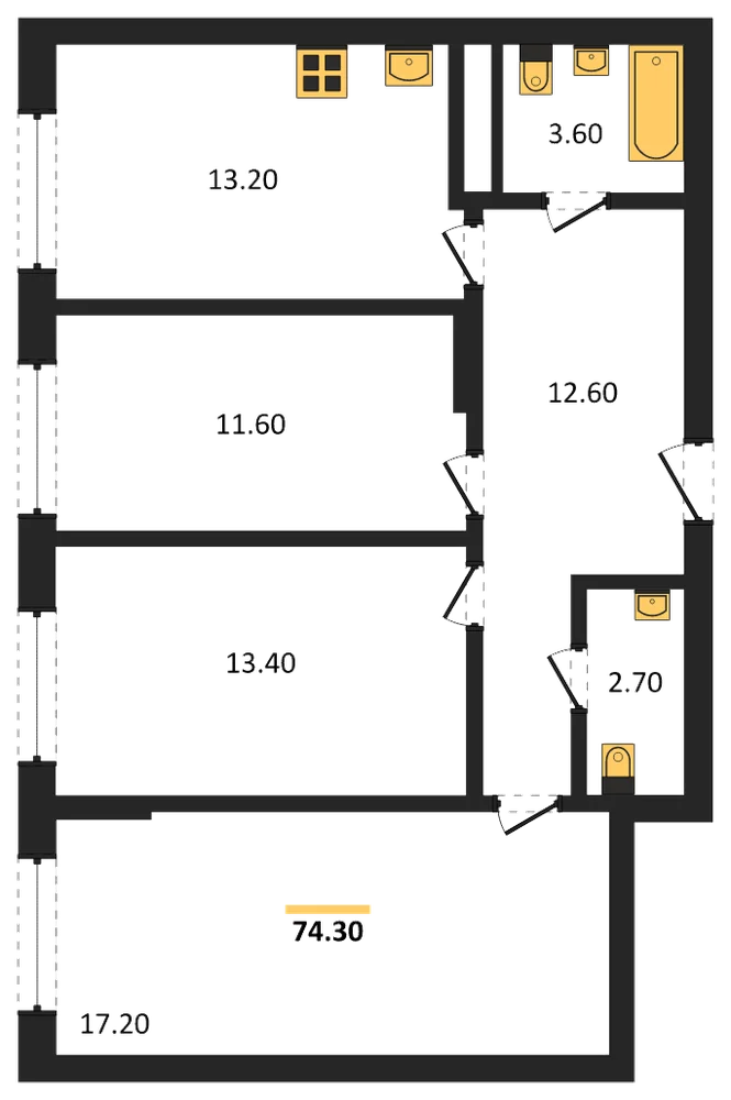 Планировка: 3-комн., 74,3 м²