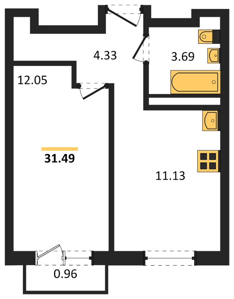 Планировка: 1-комн., 31,5 м²