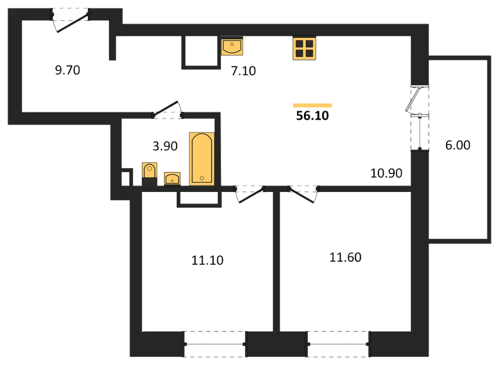 Планировка: 2-комн., 56,1 м²