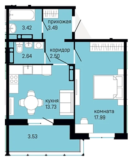 Планировка: 1-комн., 47,3 м²