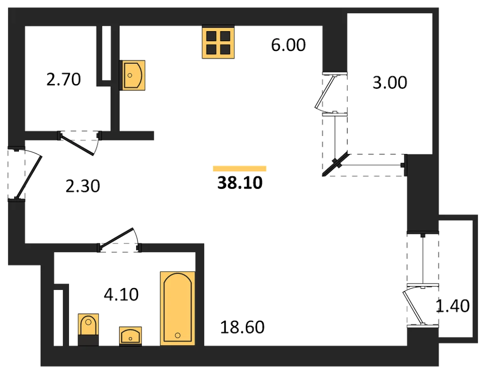 Планировка: Студия, 38,1 м²