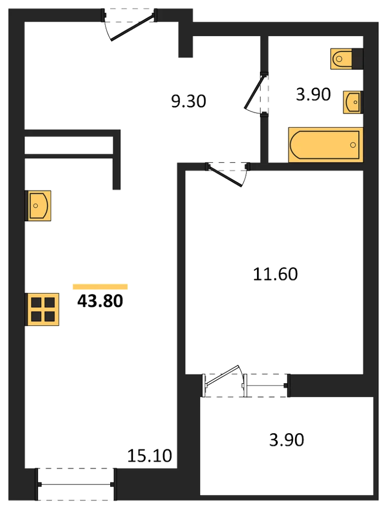 Планировка: 1-комн., 41,9 м²