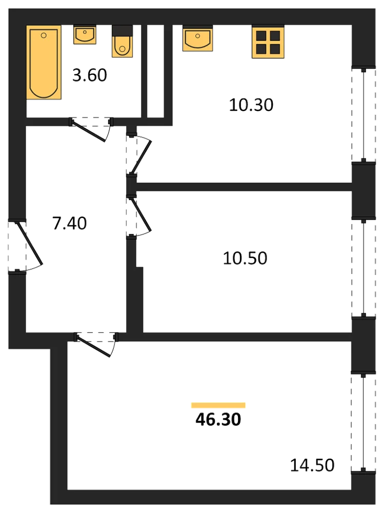 Планировка: 2-комн., 46,3 м²