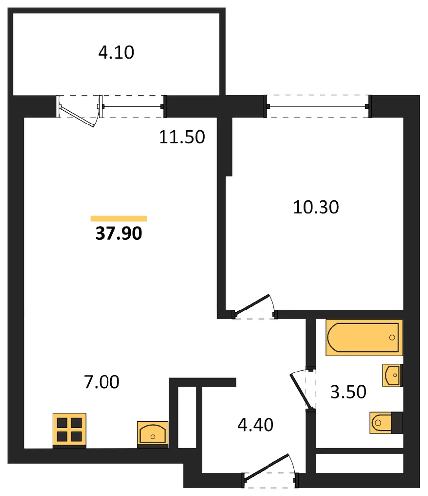 Планировка: 1-комн., 37,9 м²