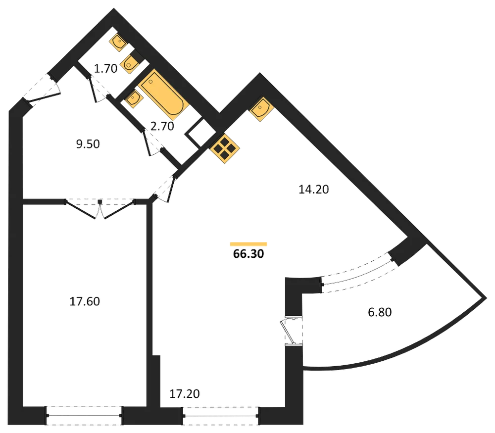 Планировка: 1-комн., 66,3 м²