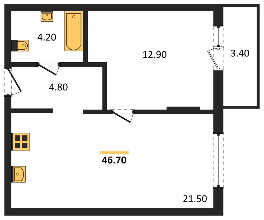 Планировка: 1-комн., 46,7 м²