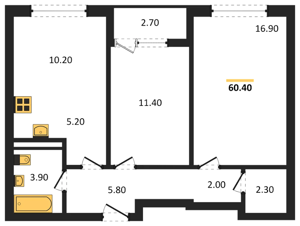 Планировка: 2-комн., 60,4 м²