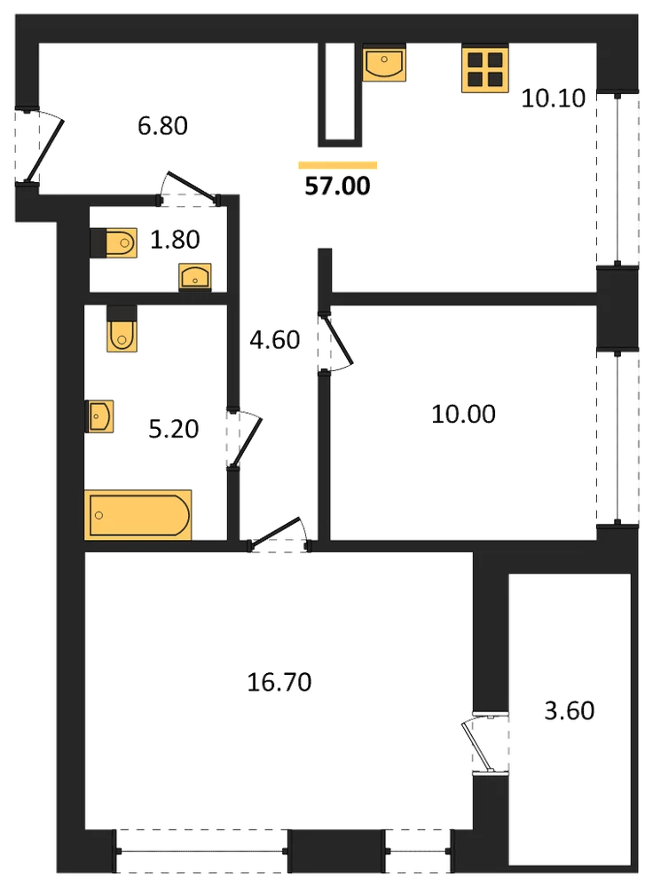 Планировка: 2-комн., 57 м²