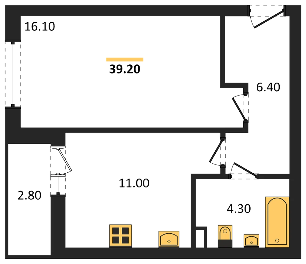 Планировка: 1-комн., 39,2 м²