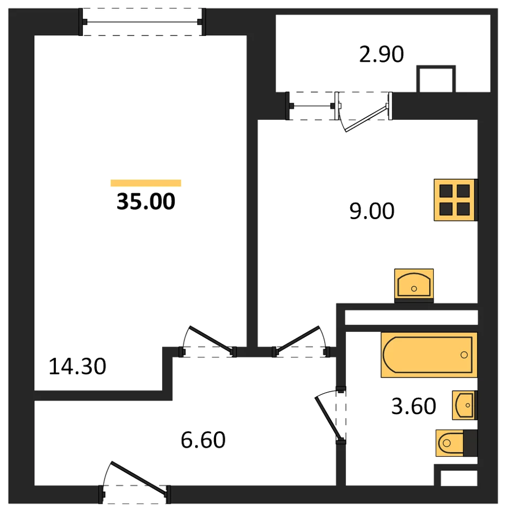 Планировка: 1-комн., 35 м²