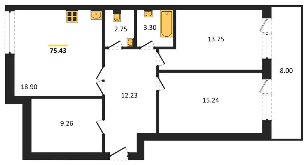 Планировка: 2-комн., 75,1 м²