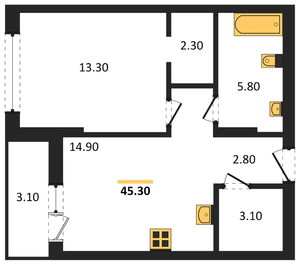 Планировка: 1-комн., 45,3 м²