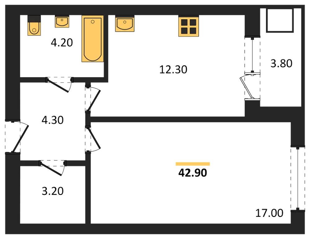 Планировка: 1-комн., 42,9 м²