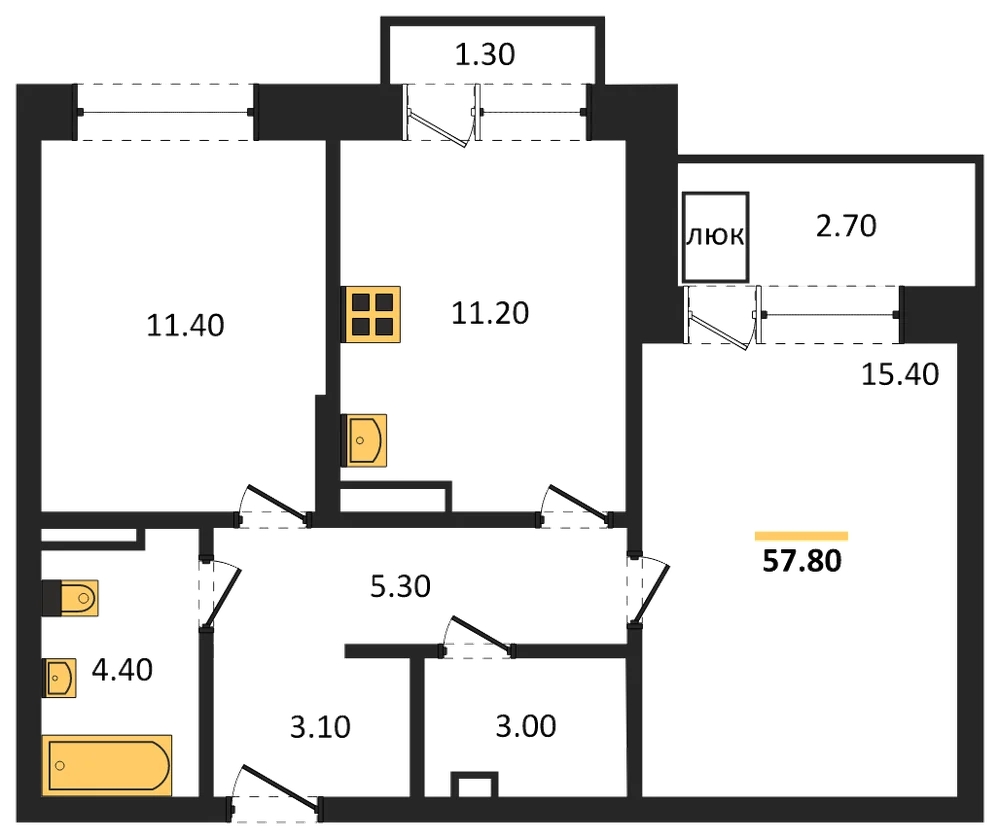 Планировка: 2-комн., 57,8 м²