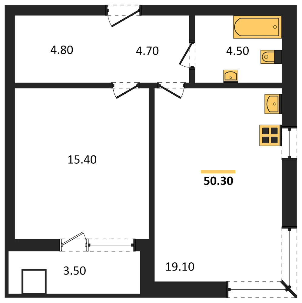 Планировка: 1-комн., 50,3 м²