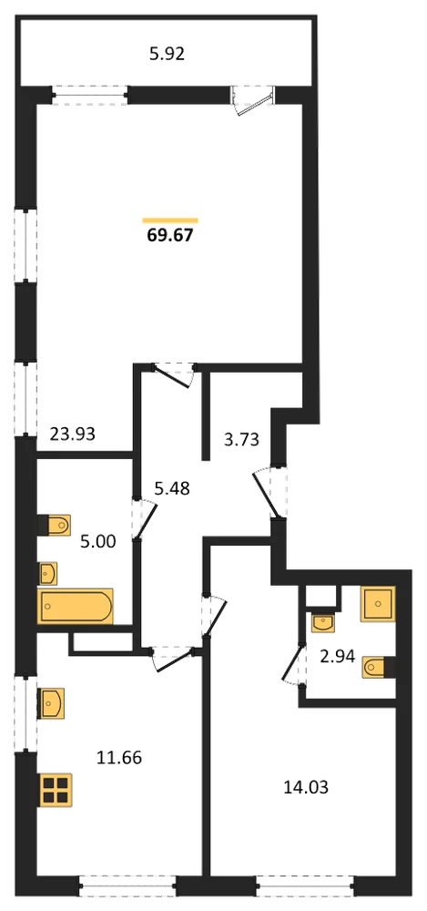 Планировка: 2-комн., 68,4 м²