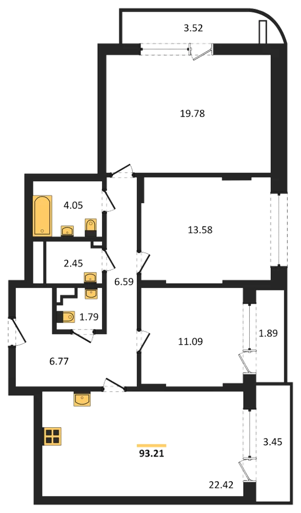 Планировка: 3-комн., 93,2 м²