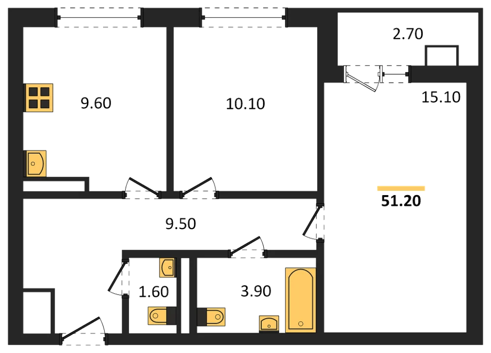 Планировка: 2-комн., 51,2 м²