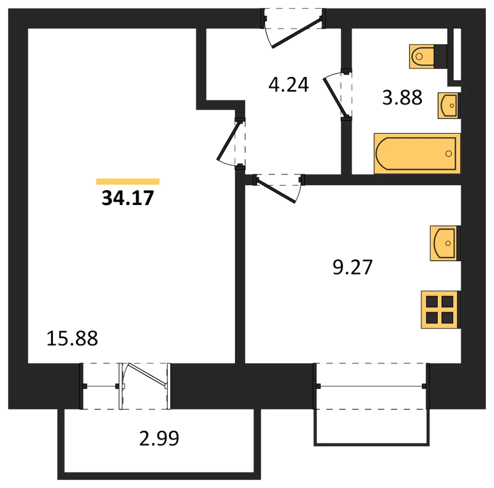 Планировка: 1-комн., 34,2 м²