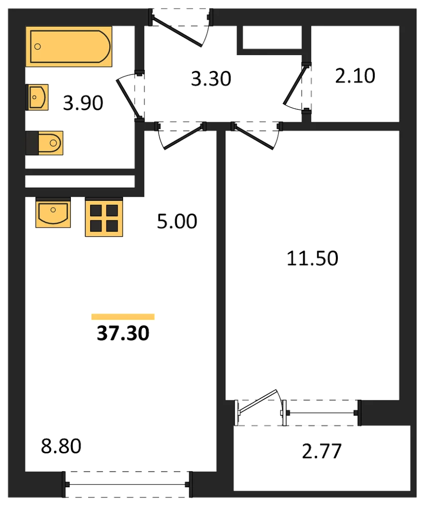 Планировка: 1-комн., 37,3 м²