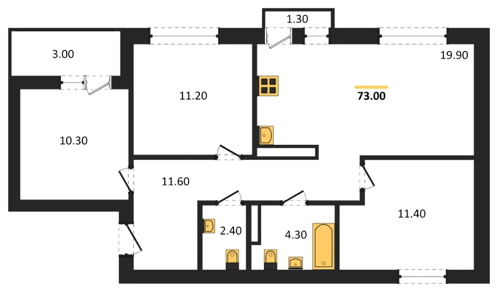 Планировка: 3-комн., 72,7 м²