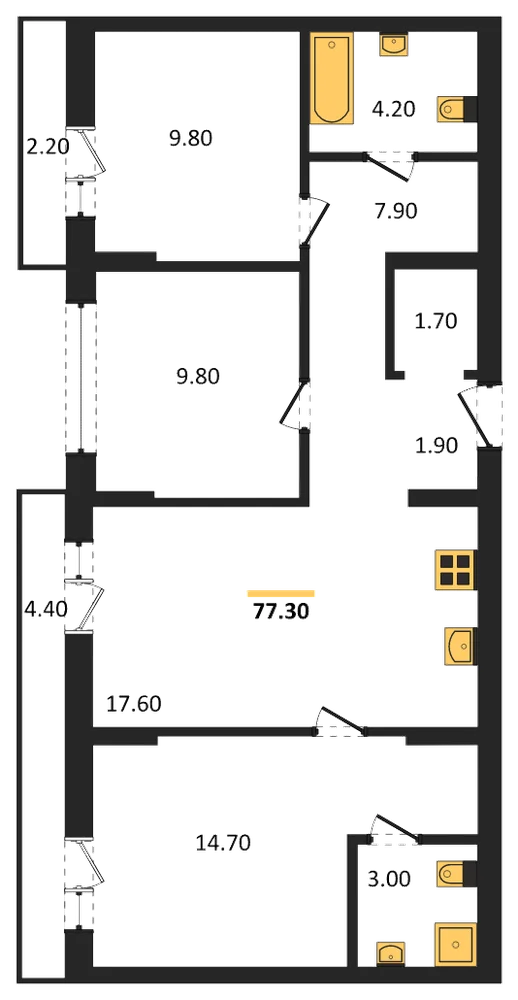 Планировка: 3-комн., 77,3 м²