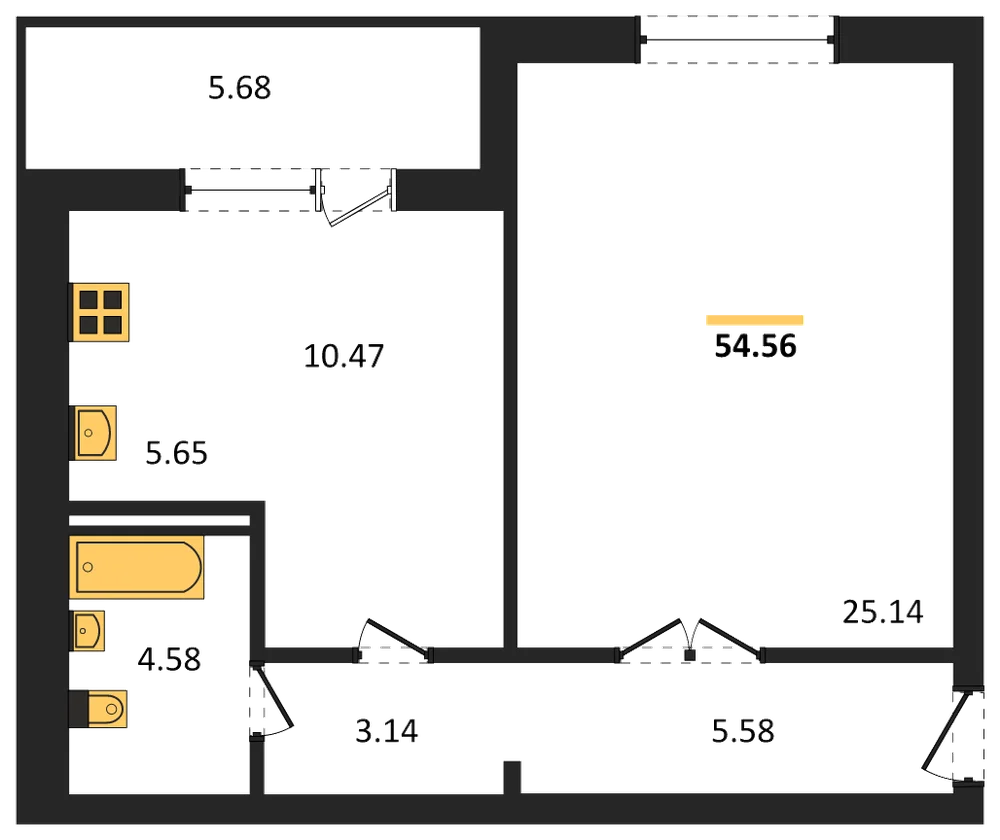 Планировка: 1-комн., 54,6 м²