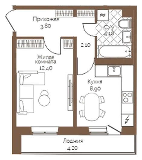 Планировка: 1-комн., 33,4 м²