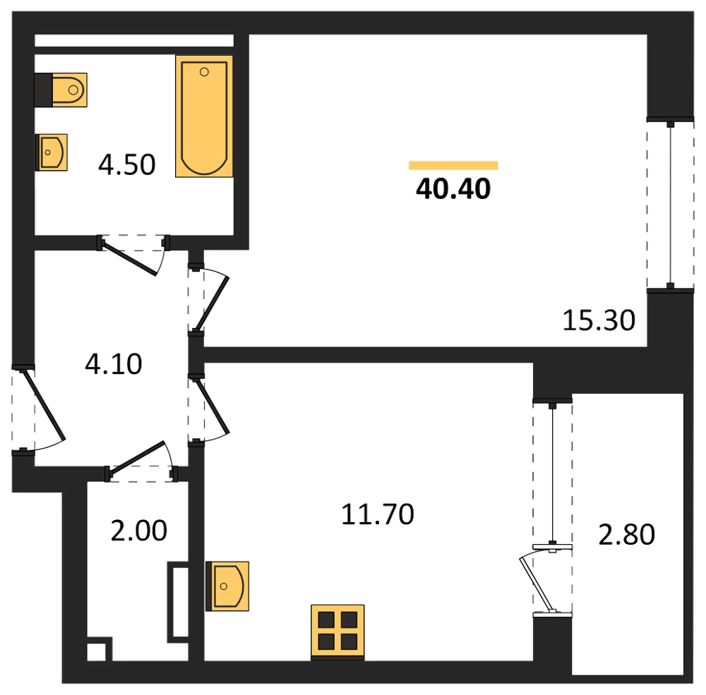 Планировка: 1-комн., 40,4 м²