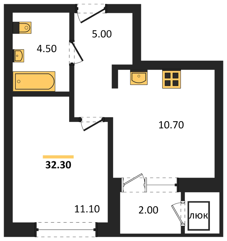Планировка: 1-комн., 32,3 м²
