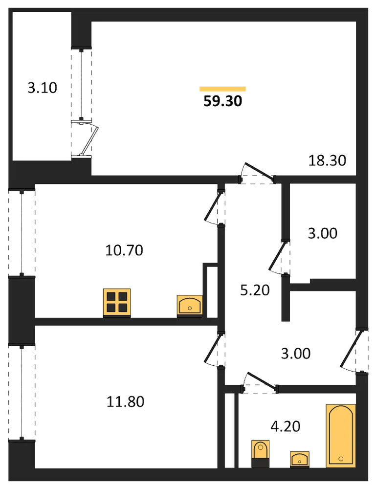 Планировка: 2-комн., 59,3 м²