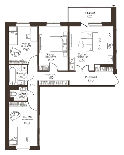 Планировка: 3-комн., 74,8 м²