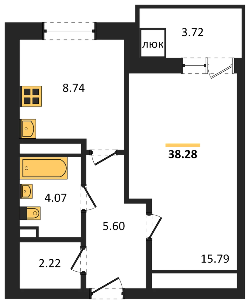 Планировка: 1-комн., 38,3 м²