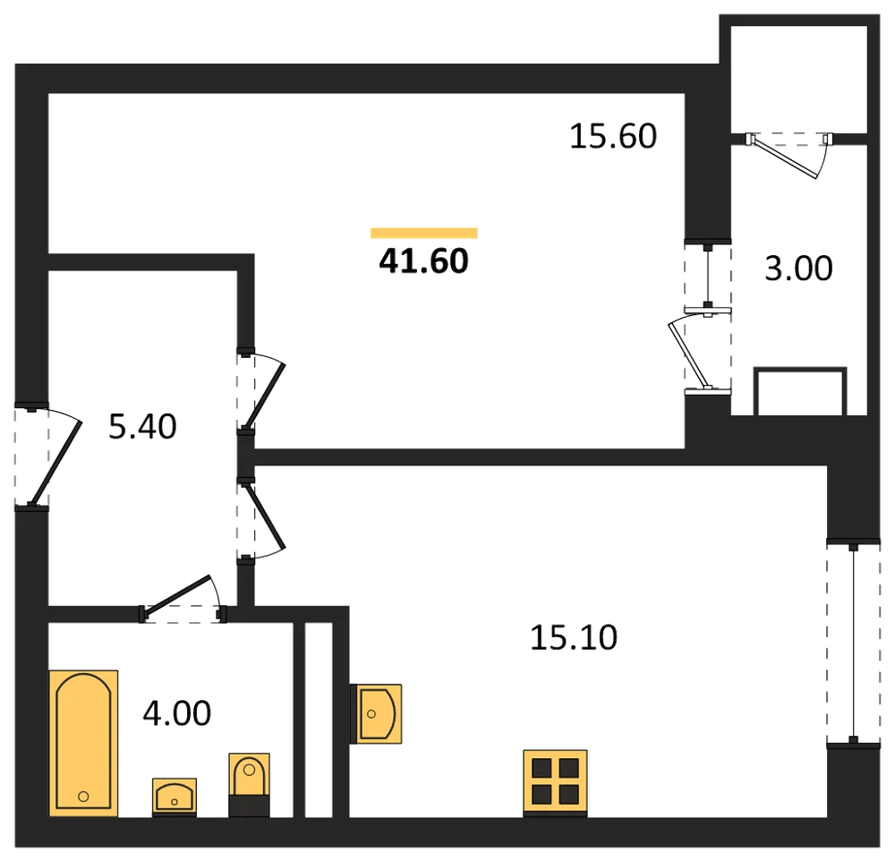 Планировка: 1-комн., 41,6 м²