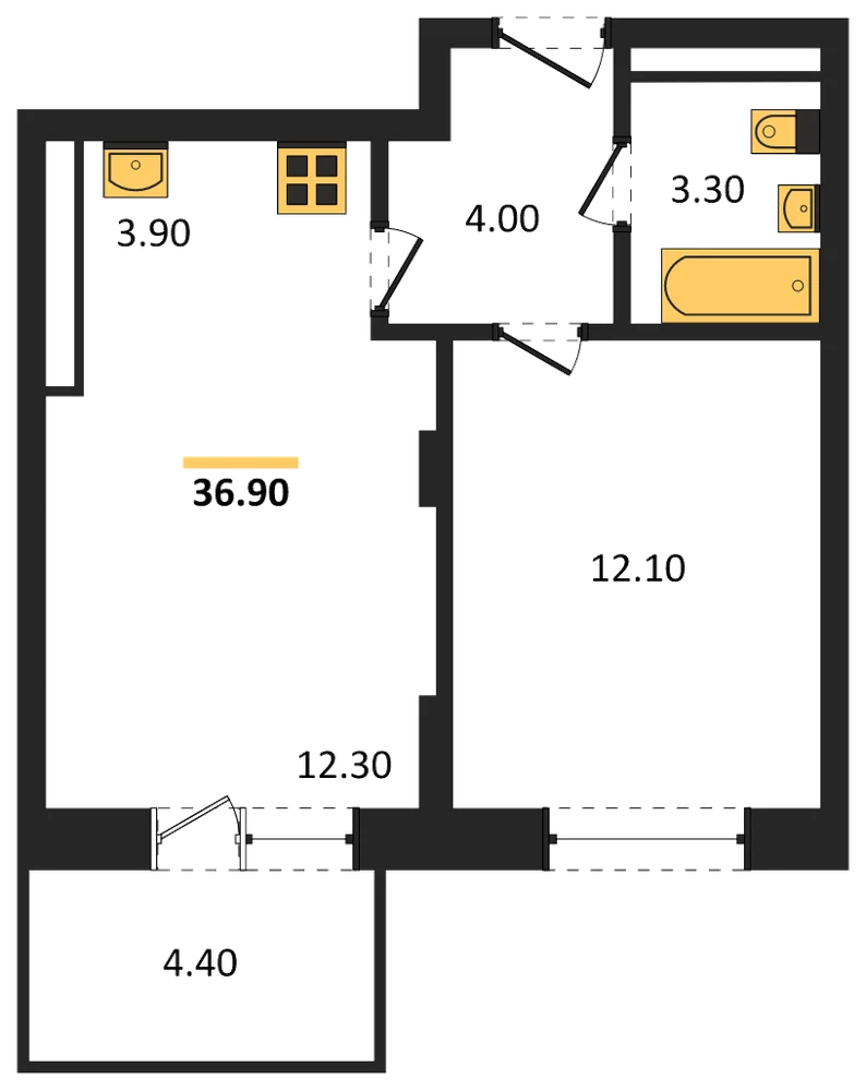 Планировка: 1-комн., 36,9 м²